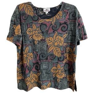 Vintage Fairy Grunge Superline USA Geometric Floral Boxy Tee Top Dark Hawaiian